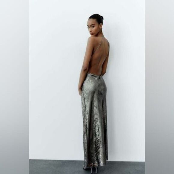 ZARA  BLOGGERS FOIL SLIP GRAY SILVER SATIN DRESS - Picture 11 of 14
